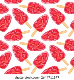 Padrão sem emenda de picolé de morango vermelho com fatia de fruta no fundo branco. Perfeito para a embalagem de café de sobremesa de verão e design doce do deleite.