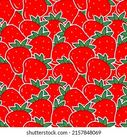 Seamless Pattern With Red Strawberry Stickers In Cartoon Style. Vector Food Illustration Background.