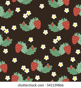 Seamless pattern with red strawberry and white flowers. Vector illustration.
