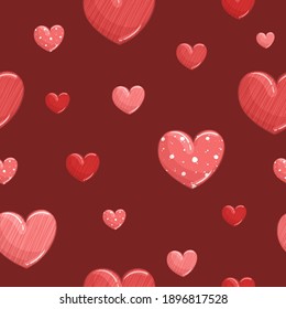 Seamless pattern with red striped hearts and red polka dot hearts on a dark red background. Simple vector background. Valentine's Day.