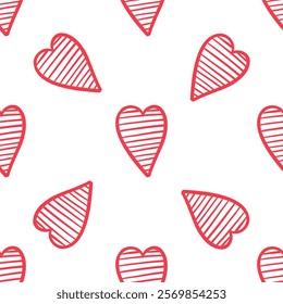 Seamless pattern with red striped hearts on white background in doodle style