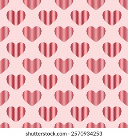 A seamless pattern with red striped hearts arranged in a staggered grid on a light pink background. for Valentine’s Day backdrop, card, banner, wallpaper, wrapping, print. Vector illustration.