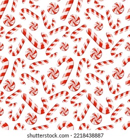Seamless pattern of red striped sweetmeats. Hard candy, candy cane, lollipop. Background for fabric, wrapping paper, textile, print, wallpaper. Vector illustration isolated on white