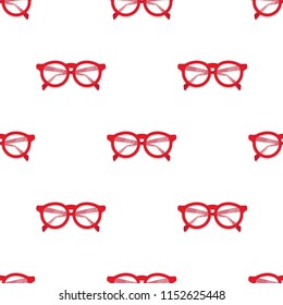 Seamless pattern with red stylish glasses on white background. Unisex sunglasses texture. Vector illustration. Education, knowledge. Writer, copywriter. Optic wallpaper