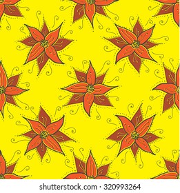 Seamless pattern with red stylized flowers on yellow background. Cartoon vector illustration for holiday, seamless background