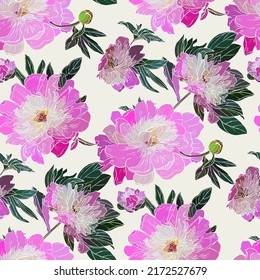 Seamless pattern with red stylized peonies. Vector illustration.