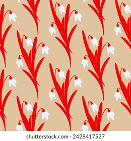 Seamless Pattern of Red Stylized Snowdrop Flowers on Beige Background