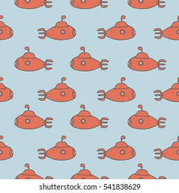 Seamless pattern with red submarines on a blue background. Children's pattern.