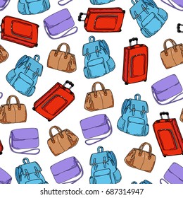 Seamless pattern of red suitcase, blue backpack, brown bag and lilac woman bag on a white background. Fashion wallpaper. Hand drawing. Vector illustration in cartoon style.