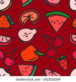 Seamless pattern with red summer fruits. Vector background