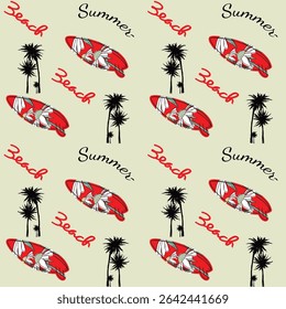 prancha de surfe vermelha padrão sem costura   vintage estilo objeto design verão palma silhueta fundo surf ilustração.