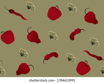 Seamless pattern with red sweet, hot pepper and dill with flowers on a beige background. Design for wallpaper, background, fabric, textile, interior, cooking, cafe, paper, packaging.