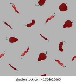 Seamless pattern with red sweet, hot pepper and other varieties on a blue background. Design for wallpaper, background, fabric, textile, interior, cooking, cafe, paper, packaging.