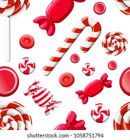 Seamless pattern of red sweetmeats. Hard candy, candy cane, lollipop. Candys in wrapper. Vector illustration on white background. Web site page and mobile app design.
