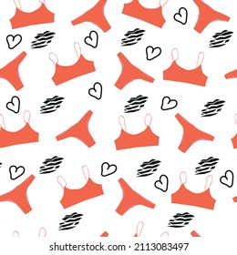 Seamless pattern with red swimsuit. Colorful summer backdrop with female bras and panties isolated on white background. Repeatable texture with swimwear and lingerie. Flat vector illustration.