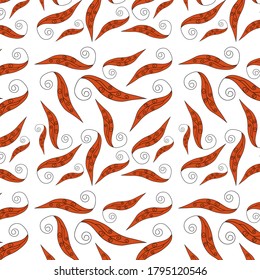 Seamless pattern red swirling spiral leaves of different shapes on a white background