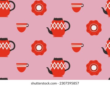 Seamless pattern with red tea set. Beautiful texture in flat style.