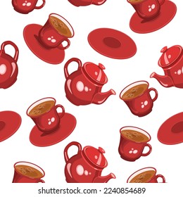 Seamless pattern of red teapot and tea cup and saucer on a white background.