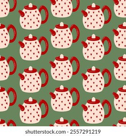 Seamless pattern with red teapots decorated with heart on a green background in flat style. Ideal for textile, wallpaper and wrapping paper with a cozy and charming theme.