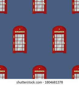 Un patrón impecable con cabina telefónica roja sobre fondo azul. Papel de pared tradicional de Londres.
