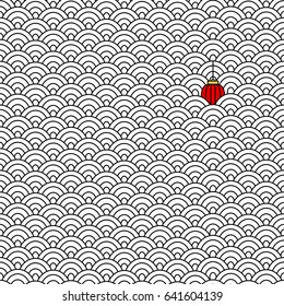Seamless pattern with red Tetin Japanese lantern. Japanese motif background. White and black vector texture. Abstract waves.