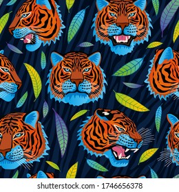 Seamless pattern. Red tiger head roar wild cat in colorful jungle. Rainforest tropical leaves background drawing. Fashion textile, fabric. Tiger stripes hand drawn vector character art illustration