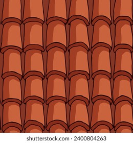 Seamless pattern of red tiles on the roof. Industrial goods for construction. Color vector illustration with contour lines in a cartoon design.