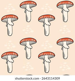 Seamless pattern with red toadstool mushrooms on a soft beige background. Perfect for autumn designs, woodland themes, fabric, wrapping paper or kids decor