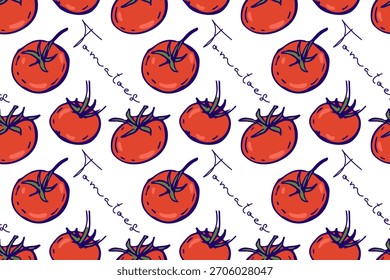 Nahtloses Muster mit roter Tomate. Frisches Gemüse und Inschrift. Gemüse Zutaten zum Kochen, handgezeichnete Doodle-Skizze für mediterrane Diät Tapete, Packpapier. Wiederholter Druck