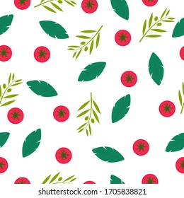 Seamless pattern with red tomato and green branches of olive plus Bay leaves. Food illustration. Colorful background