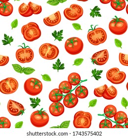 Seamless pattern red tomato on a branch and slices. Vector vegetables of tomatoes for sauces or food design.