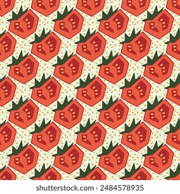 Seamless pattern with red tomato and seeds on a light background. Sliced ​​juicy tomato. Stylization of vegetables. Simplification of form. Vector