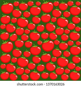 Seamless pattern. Red tomatoes background. Flat color style design. Farm market product. Great for label, banner, poster. Ripe red tomato. Vector Illustration