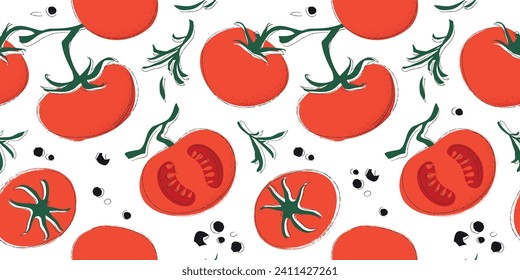 Seamless pattern with red tomatoes and black pepper. Vector cartoon illustration