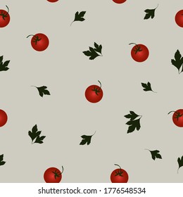 Seamless pattern with red tomatoes, branches and parsley leaves on a grey background. Design for wallpaper, background, fabric, textile, cafe, restaurant, cooking, paper, packaging.