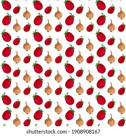 Seamless pattern from red tomatoes and bulbs on white background. Vector flat illustration. Print for kitchen, restaurant, vegan blog, home food.