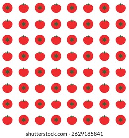Seamless pattern with red tomatoes and decorative circles featuring green star accents. Ideal for textiles, packaging, and digital backgrounds.