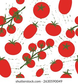 Seamless pattern with red tomatoes and green splashes. Flat vector background for food design.