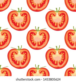 Seamless pattern with red tomatoes on a white background. Half a ripe tomato with seeds. Print, wallpaper, wrapping paper, modern textile design, promotional material. Vector illustration.