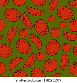 Seamless pattern with red tomatoes on a green background. Vector. Doodle style. Decor element. Suitable for decorating things, kitchen items.
