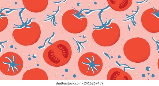 Seamless pattern with red tomatoes, rosemary and black pepper. Vector cartoon illustration