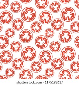 Seamless pattern of red tomatoes, tomato slices on a white background