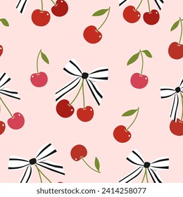 seamless pattern of red tones of cherry with white bow striped black on pastel peach background ,vector ,illustration