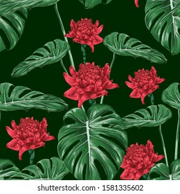 Seamless pattern red Torch ginger flowers and monstera green leaf on isolated dark green background.Vector illustration dry watercolor hand drawing stlye.Fabric design texitle