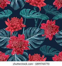 Seamless pattern red Torch ginger flowers and monstera green leaf on isolated dark blue background.Vector illustration dry watercolor hand drawing stlye.Fabric design texitle