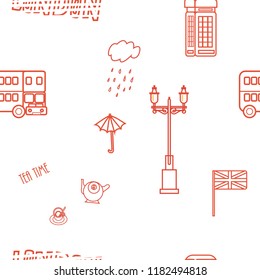 Seamless pattern with red tower of London, tower , bus, clouds