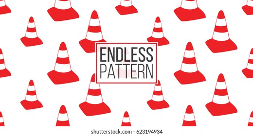 Seamless pattern with red traffic cone. Inspired by variety of road, building machinery. Vector background for decoration for children's room, invitations, website, mobile app.