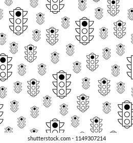 Seamless pattern of red traffic lights on white background. Linear vector pattern for book or package or screen design. Minimalistic style design. Black white versions.