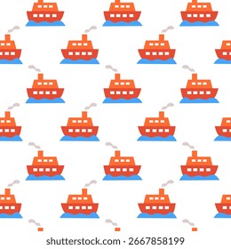 Padrão Perfeito. Red Viajando com Navio e Onda no Mar do Oceano. Ilustração plana vetorial.