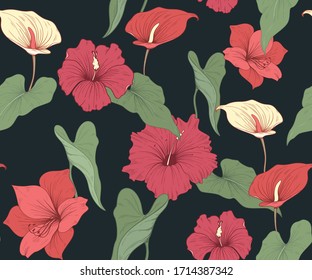 Patrón transparente con flores tropicales rojas